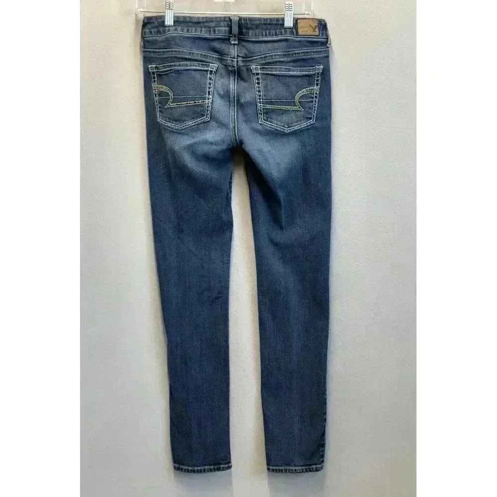American Eagle Jeans Women's Sz 4 Skinny Low Rise Embellished Pockets Blue Denim - Picture 2 of 9